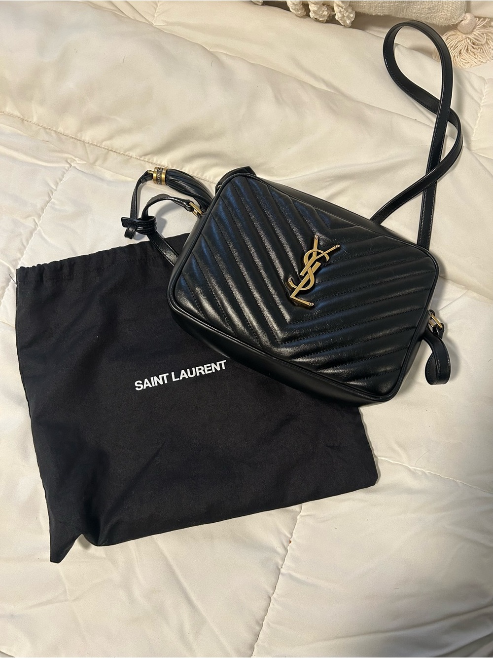 Saint Laurent Black Quilted Leather Crossbody with Gold YSL Emblem